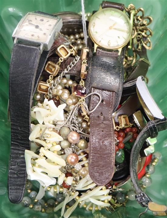 Mixed costume jewellery and assorted wrist watches.